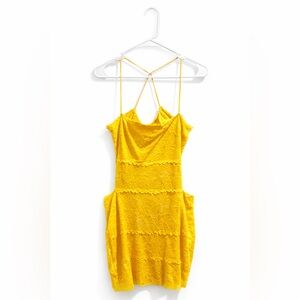 GUESS Yellow Lace Bodycon Dress L Strappy Mini Fitted Summer